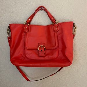 Large Coach leather coral colored tote bag big enough for laptop and more